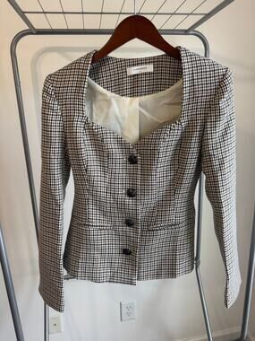 Commense Houndstooth Blazer Jacket S Sweetheart Neck Fitted Brown Black